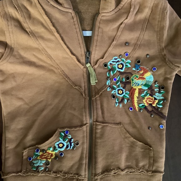 Miss Me‎ Brown Hoodie & Flare Pants Set Parrot Embroidery Y2K Aesthetic - Picture 13 of 14